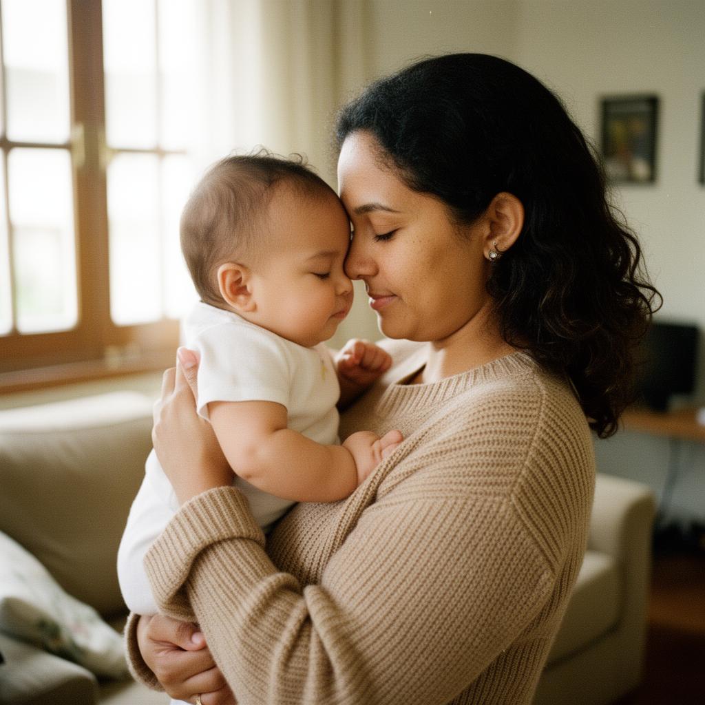 Mãe abraçando seu bebê em casa