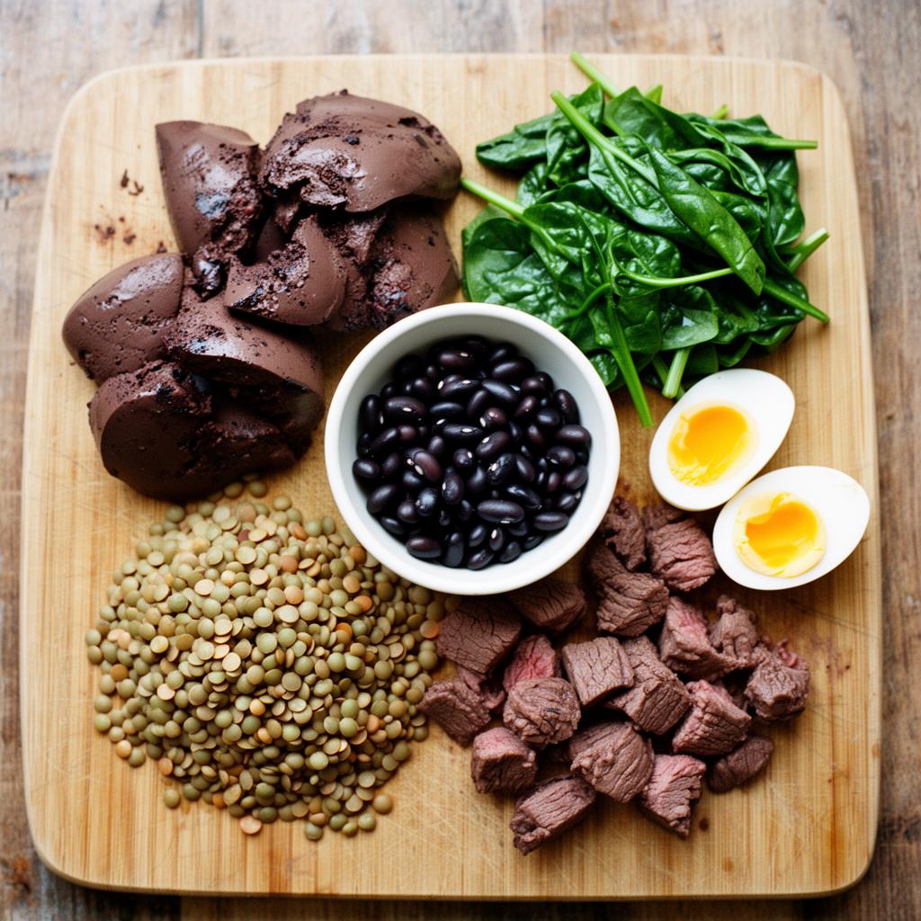 Alimentos ricos em ferro: carne, feijão, ovo, folhas verdes e laranja